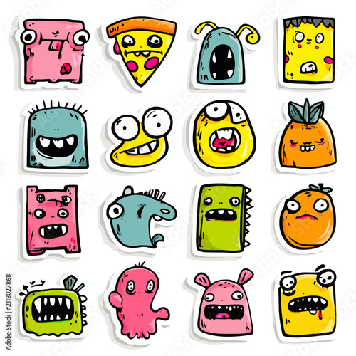 Quirky hand-drawn monster stickers with expressive faces and vibrant colors perfect for playful whimsical projects