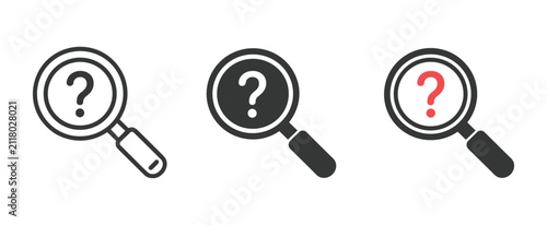 Canvas Print Magnifying Glass with Question Mark Icons: A set of three icons depicting a magnifying glass with a question mark inside, representing search, query, and mystery, presented in line art, solid black
