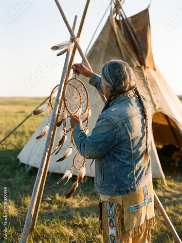 Native American man with long braided hair wearing denim jacket and traditional fringed clothing hangs dreamcatcher on wooden poles near tipi in grassy field at sunset