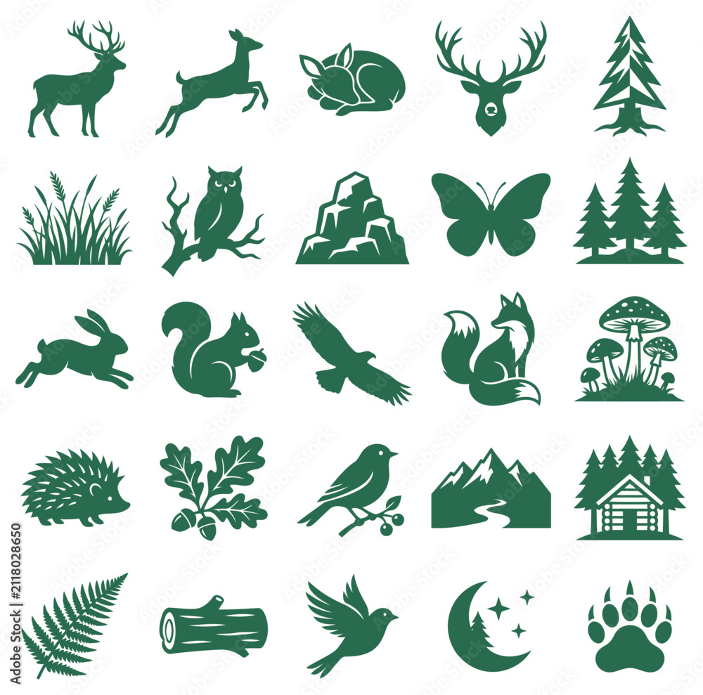 Fototapeta premium Collection of forest and mountain icons with wildlife silhouettes for outdoor adventure or camping designs