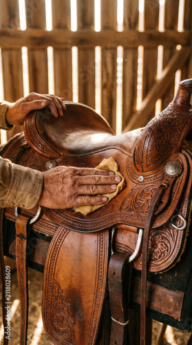 Cowboy hands polishing leather saddle with cloth in rustic barn, showing detailed craftsmanship and care for equestrian equipment
