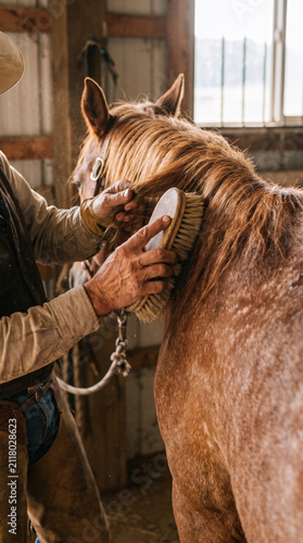 Cowboy hands brushing horse mane in stable with natural light, showing care and connection between human and animal in rustic barn environment