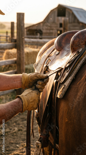 Cowboy hands tightening saddle strap on horse in rustic farm setting with wooden fence and barn in warm sunlight