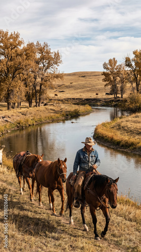 Cowboy leading horses along riverbank in autumn landscape with golden trees and rolling hills under cloudy sky, peaceful rural scene with cattle grazing in distance