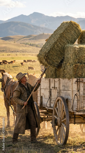 Cowboy loading hay bales onto wooden wagon in rural field with horses and cattle grazing under clear sky and mountain backdrop, evoking hardworking and peaceful farm life