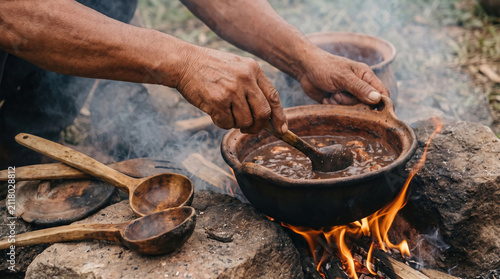 Indigenous hands stirring food in clay pot over open fire outdoors with wooden ladles nearby, traditional cooking method with natural elements and smoke