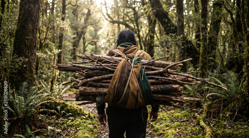 Man carrying bundle of firewood on back walking through dense forest with sunlight filtering through trees, evoking peaceful and natural outdoor atmosphere