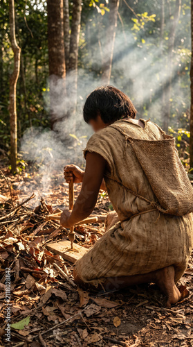 Indigenous person making fire with traditional method in forest, natural light rays shining through trees, rustic clothing and woven backpack, cultural survival skill