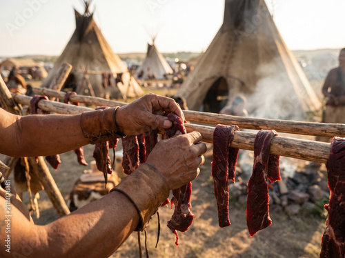 Native American hands drying meat strips on wooden rack outdoors near traditional teepee tents in warm sunlight