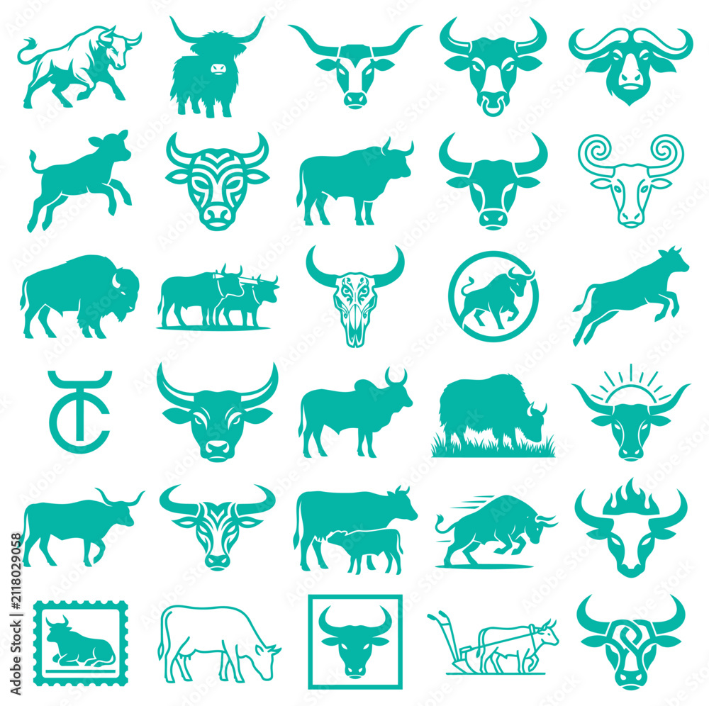 Obraz premium Comprehensive collection of cattle icons showcasing various bull and cow silhouettes for agricultural design projects