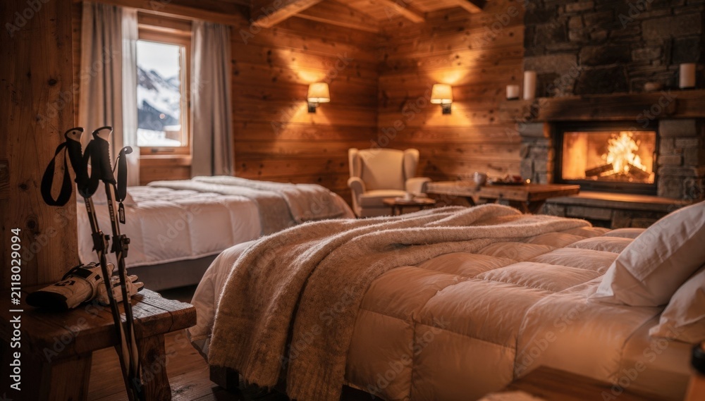 Obraz premium Multibed family suite with soft blankets foregrounded blurred ski poles stacked nearby and a glowing hearth creating warm apresski ambiance.