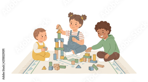 Three diverse children happily playing with colorful wooden building blocks on a patterned rug, fostering creativity and early development