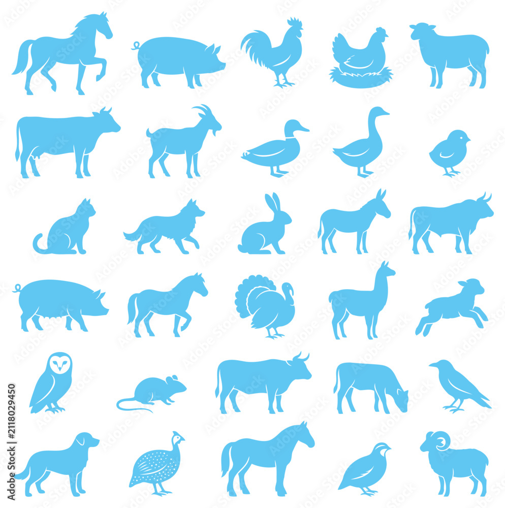Fototapeta premium Grid of various farm animal and wildlife silhouettes displayed in simple flat blue icon style