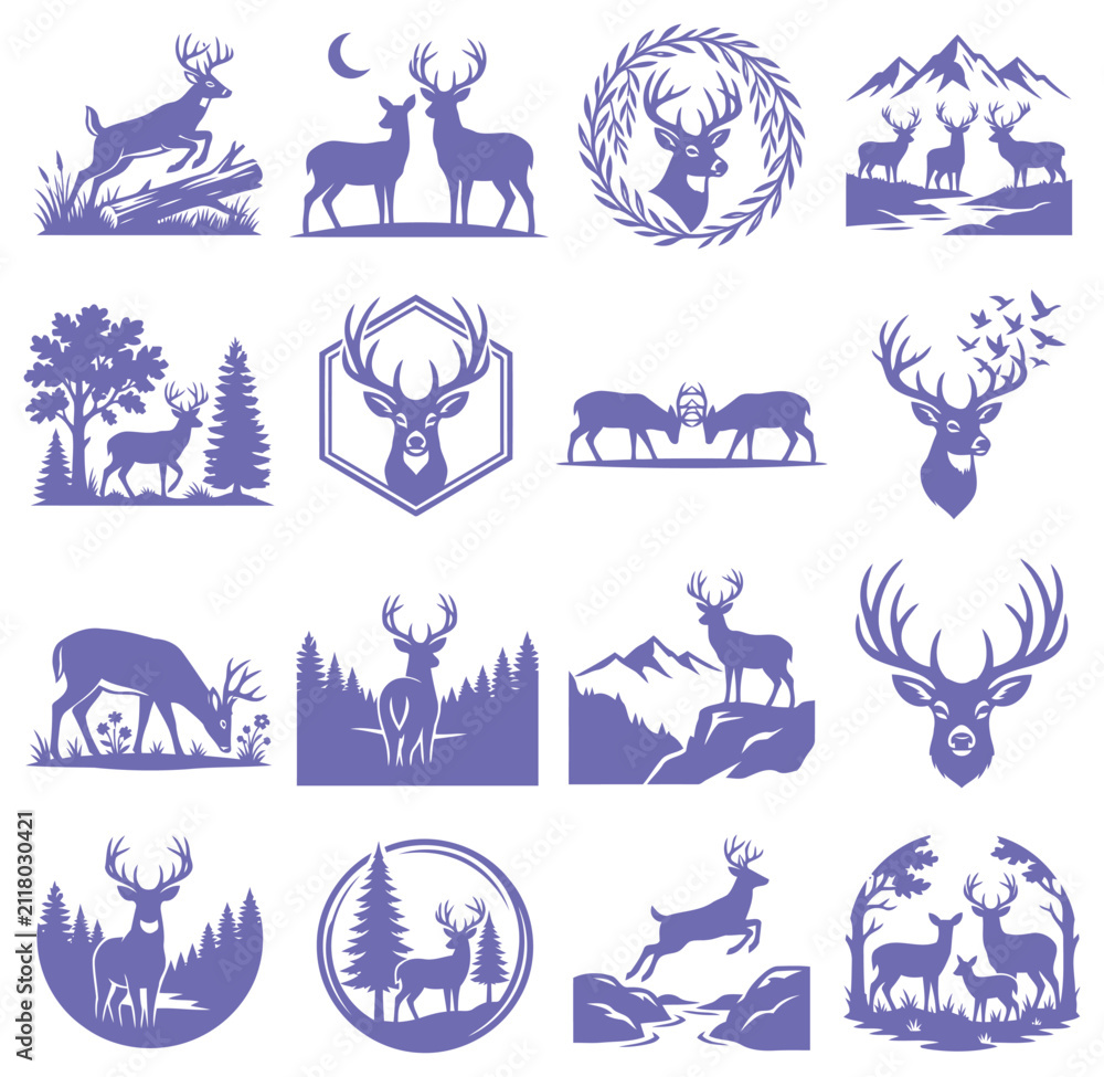 Fototapeta premium Set of wild deer silhouettes in various forest landscapes for outdoor nature adventure brand logos