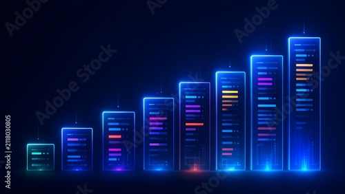 Glowing digital document towers arranged as a rising bar chart representing data growth analytics and technological scaling.