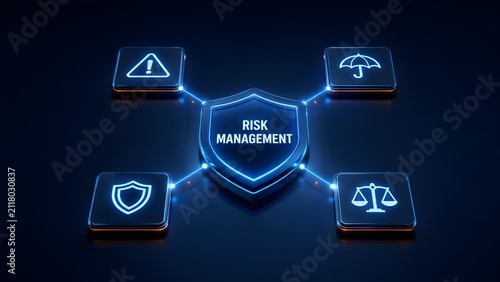 Glowing digital shield displaying risk management text connected to security icons representing cybersecurity and protection.