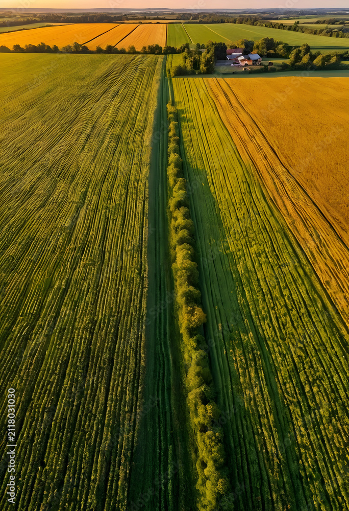 Fototapeta premium Aerial view of agricultural fields with green and yellow crops divided by a tree line at sunset, farming and rural landscape