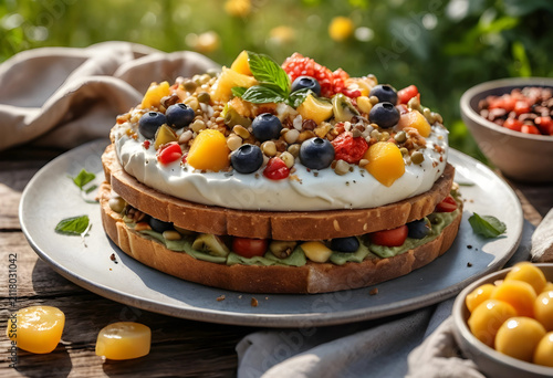 Layered fruit toast cake wi...