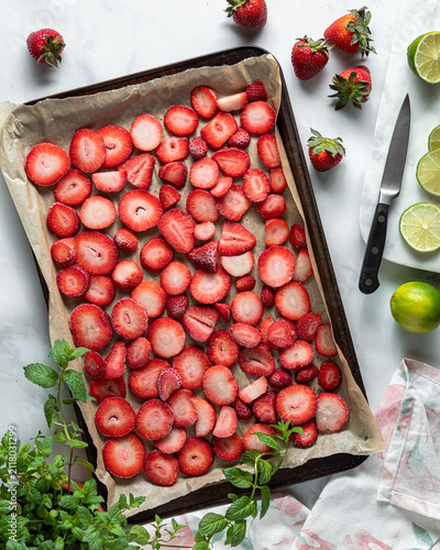 A tray of sliced frozen strawberries for preparing strawberry daiquiris.