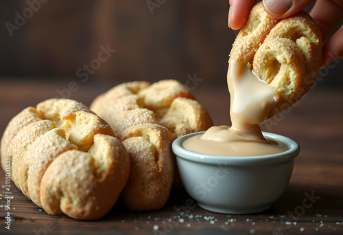 Hand dipping a soft pretzel...