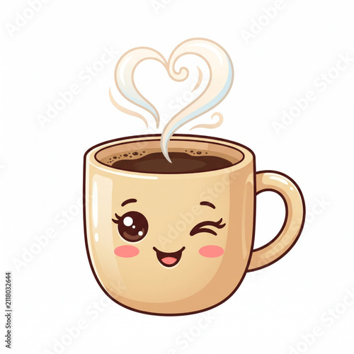 Cute cartoon coffee mug with a winking face and steam shaped like a heart for a happy morning drink
