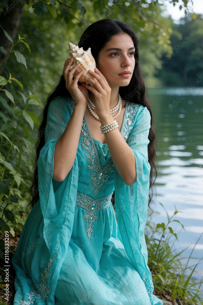 Fototapeta premium Woman in blue dress holds shell to ear by lake water. Her long dark hair flows. She wears pearl necklace and bracelet. Nature scene with green trees and calm pond.