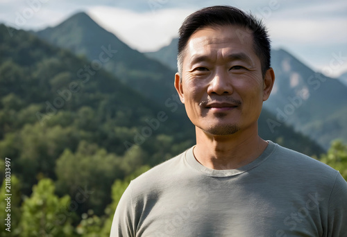 Mature asian man smiling outdoors with a mountain landscape background, nature connection and well being, Sense of peace and happiness in a natural environment