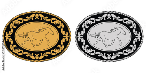 Horse Western Rodeo Badge Featuring Gold and Silver Horse Silhouette Cowboy Belt Buckle Ranch Tag and Decorative Country Style Emblem