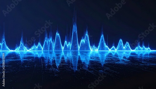 Glowing blue audio equalizer waves reflect on a dark, wet surface with nobody present. Ideal for futuristic technology, big data analytics, and digital sound concept designs.