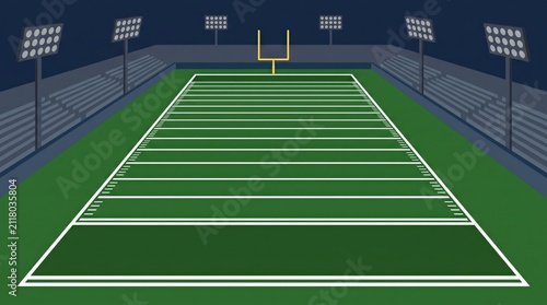 Empty American Football Stadium Field With Goal Posts and Lights at Night