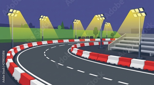 Night race track with floodlights and grandstands