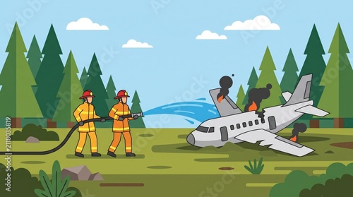 Firefighters battle airplane crash in forest with water hose
