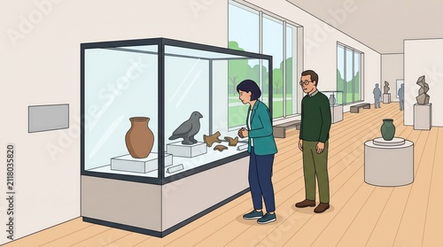 Couple admires ancient artifacts and sculptures in a modern art museum gallery