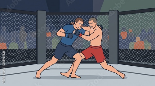 Two male fighters in a cage match grappling during a competition