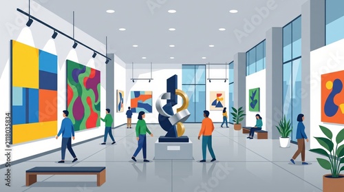 Modern Art Gallery Exhibition with Diverse Visitors Viewing Abstract Paintings and Sculptures