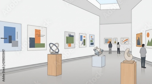 Modern Art Gallery Exhibition with Abstract Paintings and Sculptures