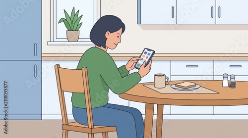 Woman using smartphone at kitchen table during breakfast