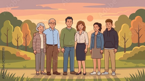 Generations of a family posing together outdoors during autumn at sunset