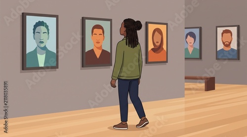 Person viewing diverse portraits in an art gallery exhibition