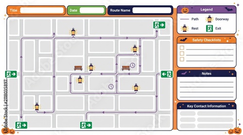 Halloween Themed City Map Route Planner with Safety Checklists and Notes