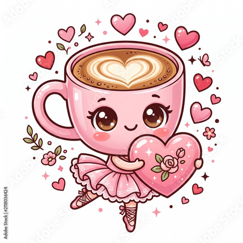 Cute pink coffee cup character as a ballerina holding a heart shape for valentines day love theme