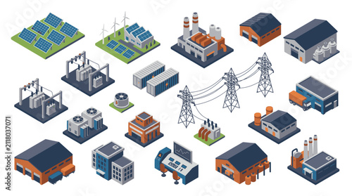 Bild auf Leinwand Isometric Industrial Buildings and Power Infrastructure.