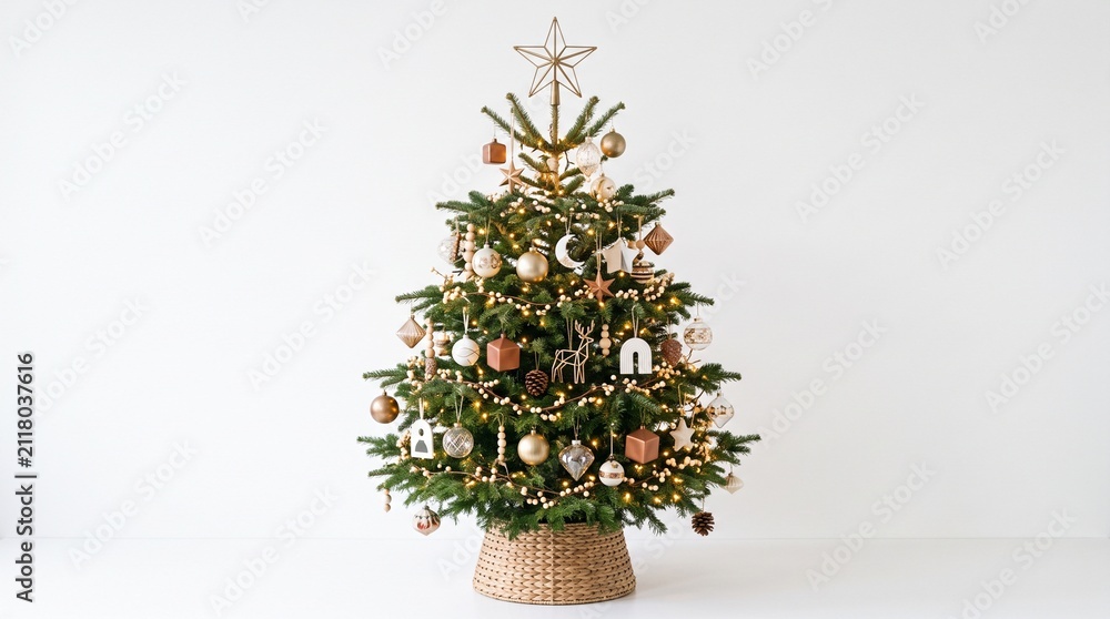 Fototapeta premium Festive Elegance: A beautifully decorated Christmas tree, adorned with warm fairy lights and elegant ornaments, stands ready to welcome the holiday season.