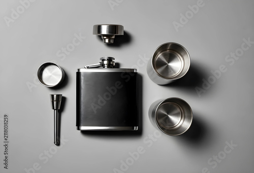 Black leather hip flask wit...