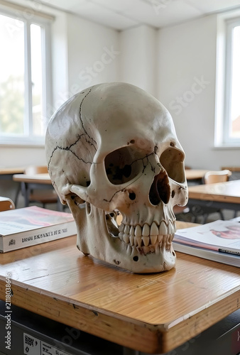 Human skull model on a wood...