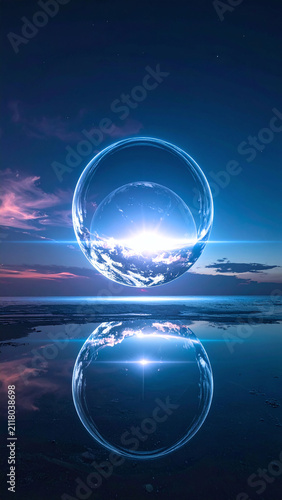 Surreal futuristic glowing sphere floating over a calm ocean at dusk with a perfect water reflection. Evoking wonder and mystery in a serene scifi landscape, nobody present.