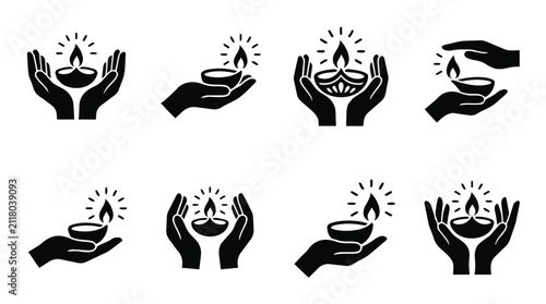 Black silhouette icons set of hands holding burning oil lamps for Diwali celebration.