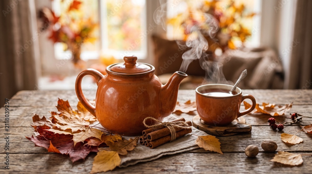 Fototapeta premium Warm Terracotta Teapot and Steaming Cup of Tea on Rustic Wooden Table with Autumn Leaves and Cinnamon Sticks