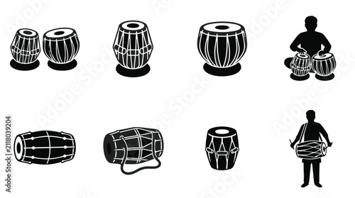 Traditional Indian percussion instruments vector icons set featuring tabla dholak dhol and musicians for festive celebration.