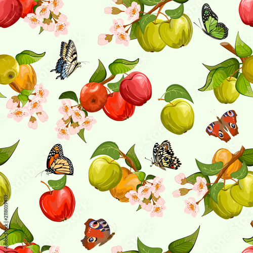 Bright butterflies near apples on the branches.Multi-colored apples on branches and butterflies on a colored background in a vector seamless pattern.